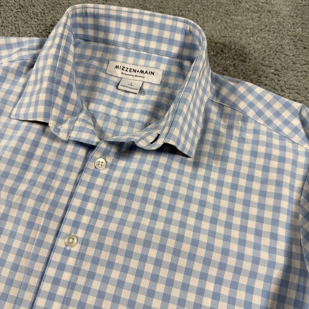 Mizzen+Main Performance Dress Shirt Mens L Light Blue Gingham Check  Long Sleeve